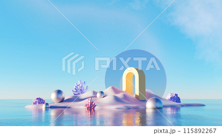3d Render, Surreal landscape with geometric arches, circle and metallic ball on pastel dune desert, lake and beautiful sky, fantasy scene. 115892267