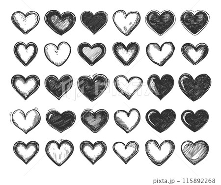 Engraving Style Hand Drawn Hearts Icons Set. Simple Style Black Icons on White Background Love Symbols Romantic Illustrations Heart Collection Vector Clipart 115892268