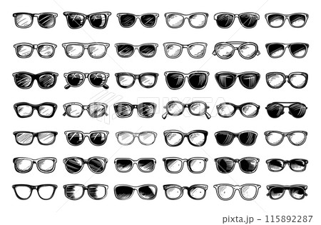Doodle Style Sunglasses Icons Set. Hand Drawn Simple Black Icons on White Background. Hand Sketch Sunglasses Illustrations Shades Symbols Eyewear Collection Fashion Accessories 115892287