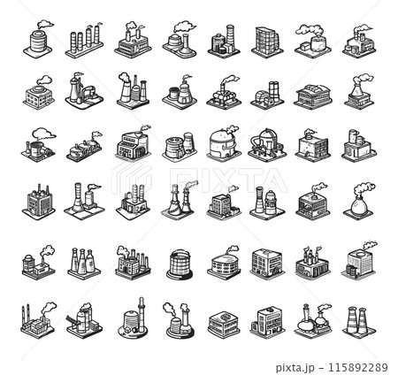 Doodle Style Factories Icons Set. Hand Drawn Simple Style Black Icons on White Background. Industrial Buildings Manufacturing Plants Factory Illustrations Vector Sketches Clipart 115892289