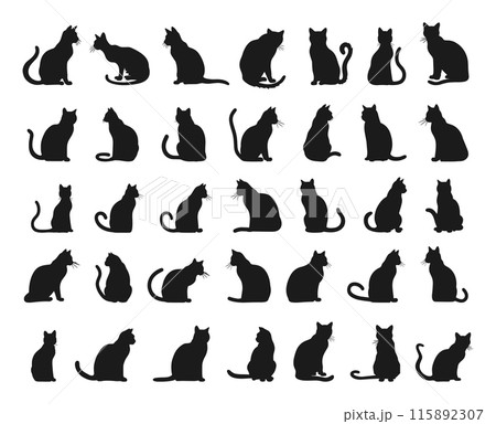 Cats Black Silhouettes Icons Set. Minimalistic Style Vector Illustration Feline Animal Shape Outline Simple Minimalist Design Domestic Creatures Kitten Graphics Clipart 115892307