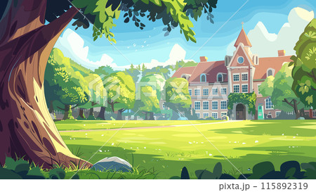 Cartoon university campus with lawn and tree in the foreground landscape. Academic Environment Educational Institution College Life Scenic View Campus Greenery Tranquil Learning Cartoon university campus with lawn and tree in the foreground landscape. Academic Environment Educational Institution College Life Scenic View Campus Greenery Tranquil Learning 115892319