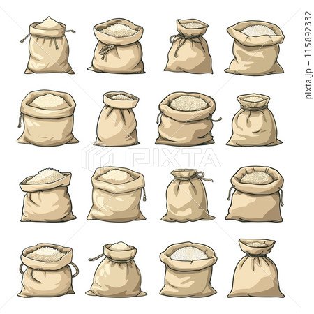 Cartoon Rice Bags Set. Simple Style White Background Grain Sacks Food Packaging Agriculture Produce Asian Cuisine Ingredients Vector Illustrations Kitchen Pantry Clipart 115892332