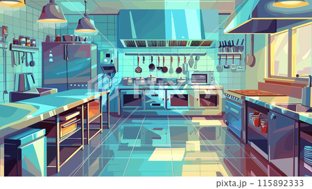 Cartoon Restaurant kitchen interior with shiny metal tables and professional chefs utensils background. Culinary Workspace Stainless Steel Equipment Cooking Area Kitchen Tools 115892333