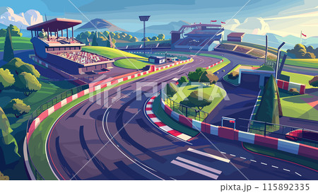 Cartoon race track with grandstands background. Motorsport Circuit Spectator Stands Racing Arena Pit Lane Speed Track Exciting Competition Vibrant Atmosphere Cheerful High-Speed 115892335