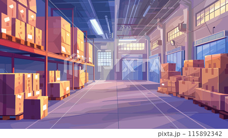Cartoon modern logistics warehouse background. Efficient Warehouse Facility Contemporary Storage Center with Goods Organization Distribution Warehouse Interior 115892342