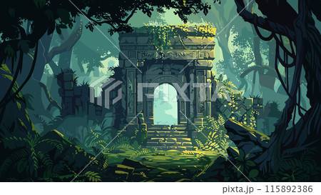 Cartoon forgotten temple deep within a dense jungle overgrown with moss and vines background. Ancient Ruins Hidden Temple Lush Vegetation Tropical Rainforest Mystical Atmosphere 115892386