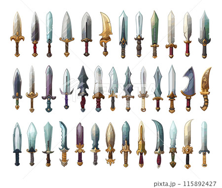 Cartoon Antique Blades Icon Set. White Background Simple Style Vintage Swords Knives Weapons Historic Blade Illustrations Collectible Weaponry Collection Vector Clipart Cartoon Antique Blades Icon Set. White Background Simple Style Vintage Swords Knives Weapons Historic Blade Illustrations Collectible Weaponry Collection Vector Clipart 115892427
