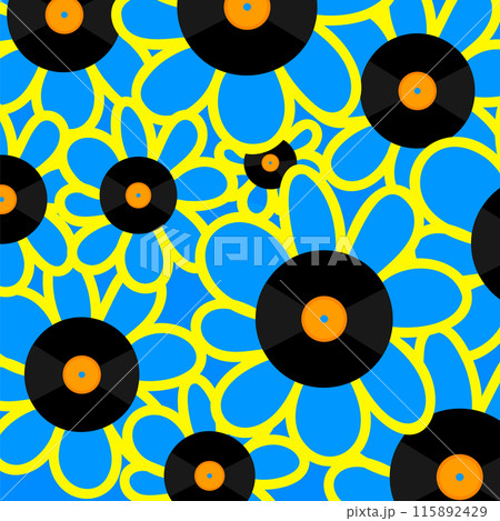 Many vinyl records forming blue and yellow flowers, showing summer vibe. Template for postcards. Creative vector illustration. 115892429