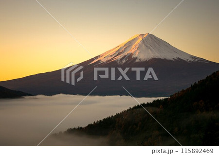 早朝の富士見橋から望む冠雪の富士山と雲海、朝日に照らされた絶景、横構図 115892469