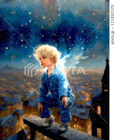 雪降る夜にマンションを見る男の子-トライアゲイン 115892570