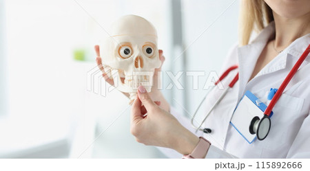 Doctor with stethoscope showing jaws on human skull closeup Doctor with stethoscope showing jaws on human skull closeup 115892666