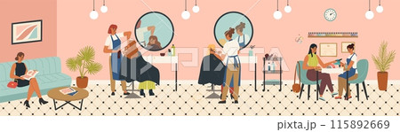 Hairdresser salon vector illustration with hairstylists and clients 115892669