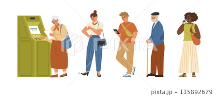 People queue cartoon characters to ATM machine 115892679