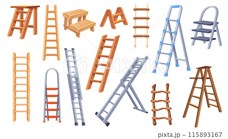 Cartoon step ladders. Tall ladder work tool, climb stairway stand high staircase metal aluminium or wooden stairs renovation household inventory instrument neat illustration Cartoon step ladders. Tall ladder work tool, climb stairway stand high staircase metal aluminium or wooden stairs renovation household inventory instrument neat illustration 115893167