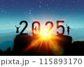 New year 2025 or straight forward concept. Text 2024 to 2025 written on the mountain top with at sunrise. Concept of planning, goal, challenge, new year resolution and start. 115893170