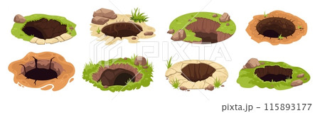 Ground pits. Big dig pit soil, earth hole mud land surface garden forest animal groundhog burrow entrance deep underground grounds holes set cartoon ingenious illustration 115893177