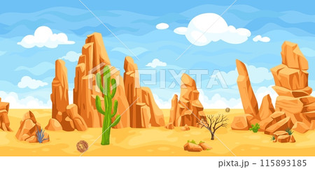 Desert seamless landscape. Cartoon western 2d game level parallax far background, sand dry orange ground and sky comic wild west mexico arid scenery, ingenious illustration Desert seamless landscape. Cartoon western 2d game level parallax far background, sand dry orange ground and sky comic wild west mexico arid scenery, ingenious illustration 115893185