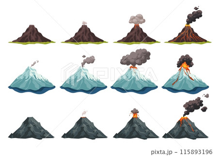 Volcano eruption stages. Volcanic mountain erupt animation, vulcano magma lava flowing down crater fire flame smoke ash cloud, natural disaster stage ingenious illustration 115893196