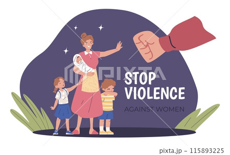 Mother against violence. Abusive husband fist fight with wife, woman protect scared children, family home conflicts domestic bullying pressure unhappy marriage illustration 115893225