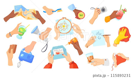 Hands holding different objects. Cartoon hand hold gesture diverse items stuff bundle, pen map brush mug glass wallet flashlight camera envelope in arms set illustration Hands holding different objects. Cartoon hand hold gesture diverse items stuff bundle, pen map brush mug glass wallet flashlight camera envelope in arms set illustration 115893231