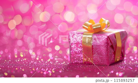Pink gift box with a golden ribbon is sitting on a pink glittery background with bokeh 115893257
