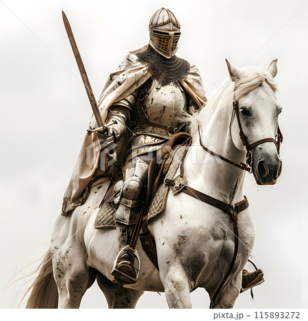 Medieval knight clad in full armor, including helmet with visor, rides white horse. He holds sword in his right hand, and horse is adorned with bridle and a saddle, on white background Medieval knight clad in full armor, including helmet with visor, rides white horse. He holds sword in his right hand, and horse is adorned with bridle and a saddle, on white background 115893272
