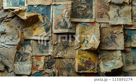 Vintage and textured background created by old, torn comic books overlapping Vintage and textured background created by old, torn comic books overlapping 115893274