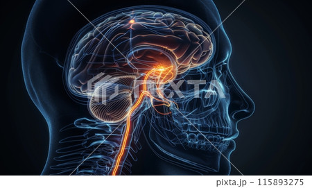 Illustration showcasing the connection between the hypothalamus, pituitary gland, and spinal cord in the human brain Illustration showcasing the connection between the hypothalamus, pituitary gland, and spinal cord in the human brain 115893275