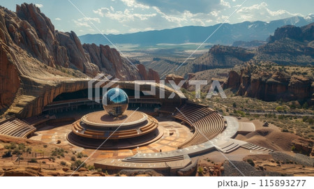 Modern amphitheater built into the red rocks of red rock canyon national park on a sunny day with a blue sky and clouds Modern amphitheater built into the red rocks of red rock canyon national park on a sunny day with a blue sky and clouds 115893277