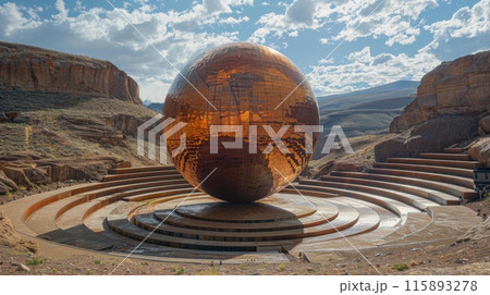 Massive disco ball casts sunlight in a contemporary amphitheater amidst a rugged desert backdrop Massive disco ball casts sunlight in a contemporary amphitheater amidst a rugged desert backdrop 115893278