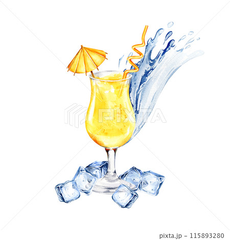 cocktail with a straw decorated with an umbrella, ice cubes and jet of water with splashes, watercolor hand drawn illustration of summer refreshing drink in a glass, sketch of yellow tropical beverage cocktail with a straw decorated with an umbrella, ice cubes and jet of water with splashes, watercolor hand drawn illustration of summer refreshing drink in a glass, sketch of yellow tropical beverage 115893280