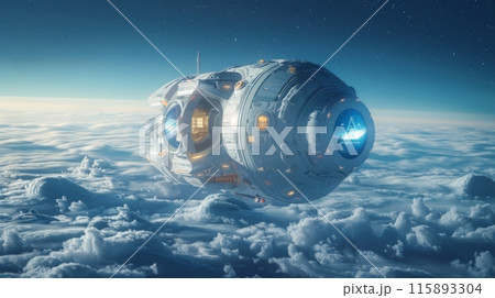 White and futuristic spaceship is flying above the clouds 115893304