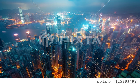 Glowing with vibrant city lights at night, the hong kong skyline displays a stunning showcase of modern architecture 115893498