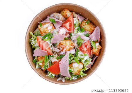 Salad with ham on a white background, for a food delivery site 3 115893623