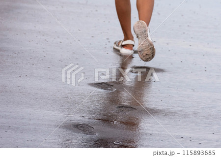 Legs of a girl in sandals walking alone along a sandy beach along the sea 115893685