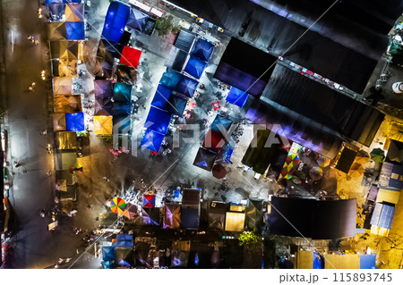 night market aerial view, colorful tents with products and food night market aerial view, colorful tents with products and food 115893745