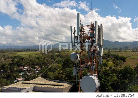 aerial view around of the telecommunication tower. tower antennas satellite transmits the signals aerial view around of the telecommunication tower. tower antennas satellite transmits the signals 115893754