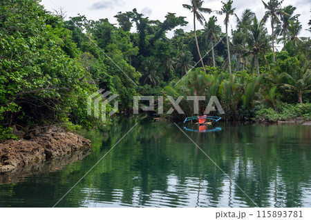 Boat on a tropical river with a jungle background Boat on a tropical river with a jungle background 115893781