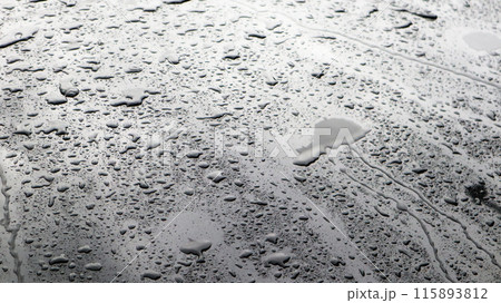 This image captures raindrops on a dark surface, highlighting their glistening clarity and natural beauty. 115893812