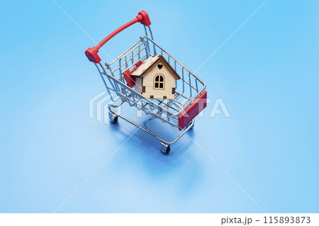 small wooden decorative house in a shopping cart on a blue background. purchase concept 115893873