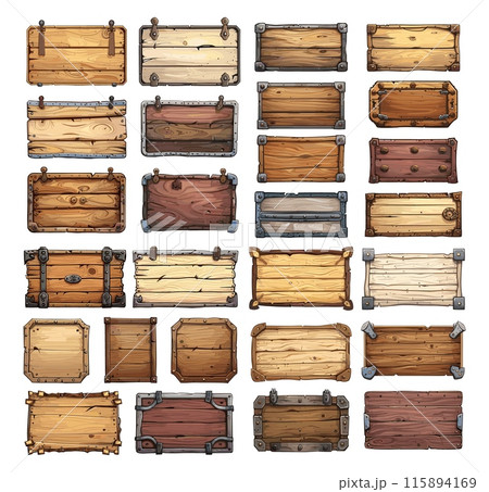 Woody boards cartoon vector set. Wooden blank rectangle banners nails empty crafted panels frames game ui assets signs isolated on white background Woody boards cartoon vector set. Wooden blank rectangle banners nails empty crafted panels frames game ui assets signs isolated on white background 115894169