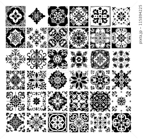 Portuguese tiles black vector set. Squares rectangles frames patterns flowers stems shoots plants mediterranean traditional ornaments, elements isolated on white background 115894225