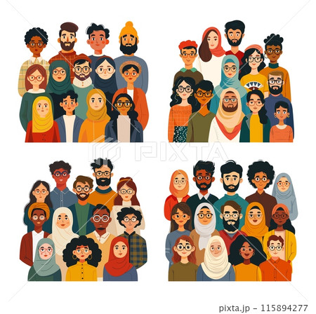 Multicultural crowd cartoon vector illustration. Women men hijab glasses headscarf diversity population dark light skin group diverse people characters multiethnic isolated concepts 115894277