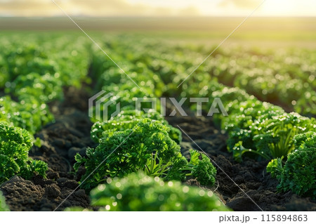 On the plantation, parsley grows abundantly, its aromatic leaves flourishing in thick, verdant rows under the nurturing sun, ready for harvest 115894863