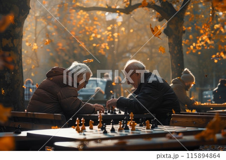 In a lively city park, old people gather to play chess, the peaceful setting, dotted with benches and greenery, provides a perfect backdrop for their strategic and social game 115894864