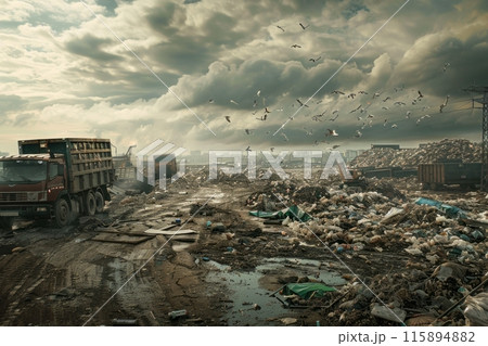 A vast city garbage dump sprawls with towering mountains of waste, a stark reminder of consumption and environmental impact in urban settings 115894882