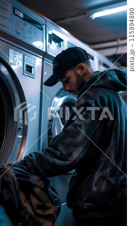 A man is seen filling a washing machine with laundry, carefully placing clothes inside, the scene captures a routine household chore, emphasizing responsibility and everyday life 115894890