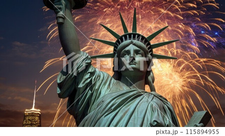 Generated Ai. A Liberty statue close-up with fireworks in background. 115894955