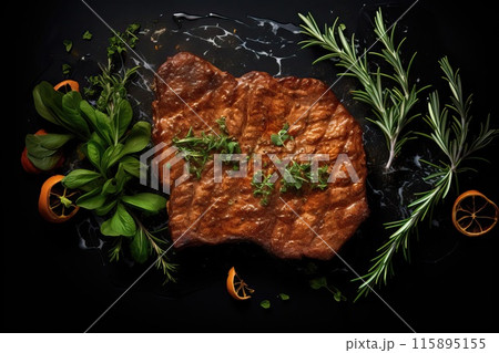 Appetizing fried barbecue steaks in sauce on a dark background, top view 115895155